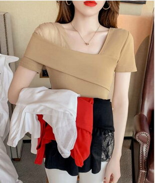 トップス 送料無料 カラバリ 4色 レッド ブラック ホワイト カーキ サイズ4展開 S M L XL ワンショルダーレース半そでTシャツ 半そでTシャツ スクエアネックTシャツ タイトTシャツ レースTシャツ ぴったりTシャツ セクシーTシャツ
