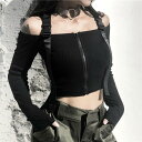 トップス レディース 送料無料 長袖 Tシャツ クロップドトップス ガーター ベルト オフショルダー リブ ショート丈 タイト フィット ボディコン クルーネック 半袖 クルーネック