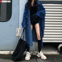 デニム シャツ アウター レディース 送料無料 2色 コート 羽織り ミモレ丈 前開き 襟付き フロントボタン 体型カバー 脚長 細見え 華奢見え 下半身カバー お尻 太もも オーバーサイズ ビッグシルエット ワイド ゆったり ブルー ブラック(4)