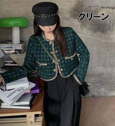 ノーカラージャケット 縁取り ツイード レディース アウター 送料無料 2色 刺繍トリム 幾何学模様 チェック柄 パールボタン トラッド ポケット付き オーバーサイズ 襟なし インスタ トレンド 羽織 コート フェミニン ブラック グリーン