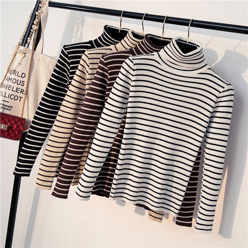 ハイネック ボーダー ニット レディース トップス 送料無料 ワンサイズ 4色 ホワイト ブラック ブラウ..