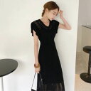 ツーピース ワンピース ロング丈 半袖 Vネック ウエストマーク ハイウエスト 編み込み 透け感 ニット 2点セット かわいい おしゃれ 女子 ラブリー 春 夏 フリーサイズ キャミソール 黒