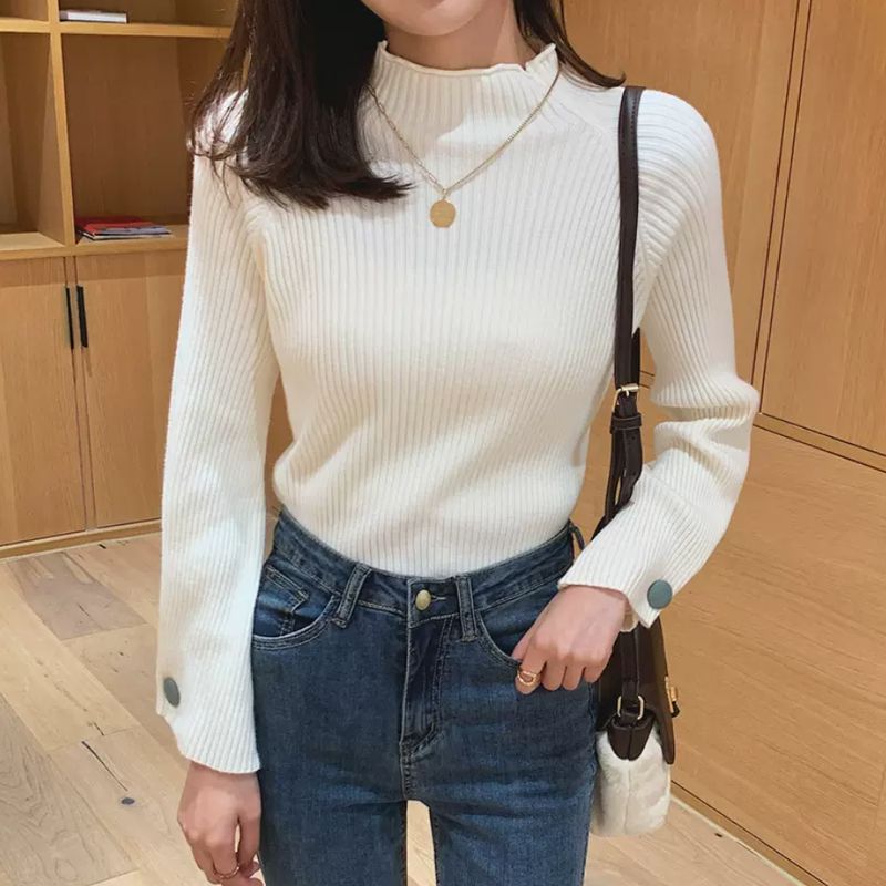 ニットソー トップス セーター 白トップス 袖あり 長袖 ハイネック タートルネック 襟なし ニット お得..