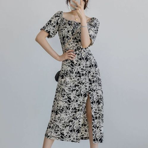 ドレス ワンピース パーティードレス パーティドレス 膝丈ドレス 膝丈 ひざ丈 袖あり 半袖 スクエアネック オフショルダー オフショル 襟なし スリット かわいい 大人可愛い 大人 上品 おしゃれ お洒落 クール モード系 存在感 華やか 柄 10代 20代 30代