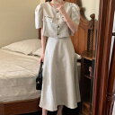 セットアップ ジャケット スカート ロング ショート 半袖 ボリューム袖 パフスリーブ ラウンドネック ノーカラー フレア Aライン 前開き コンサバ 上下セット ツーピース きれいめ シンプル ライトグレー S M 謝恩会 春 夏 送料無料