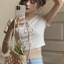 トップス Tシャツ ショート丈 半袖 ラウンドネック フリル リボン ストレッチ ソフト 綿 大人可愛い きれいめ カジュアル おしゃれ レトロ こなれ感 ラフ ラブリー 送料無料 普段使い