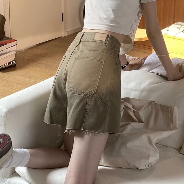 ボトムス パンツ キュロット ショート丈 ワイド Aライン ファスナー ポケット 前開き ボタン ダメージ ウォッシュ 色褪せ 薄手 シンプル カジュアル おしゃれ かっこいい レトロ こなれ感 ラフ ボーイッシュ 送料無料 普段使い