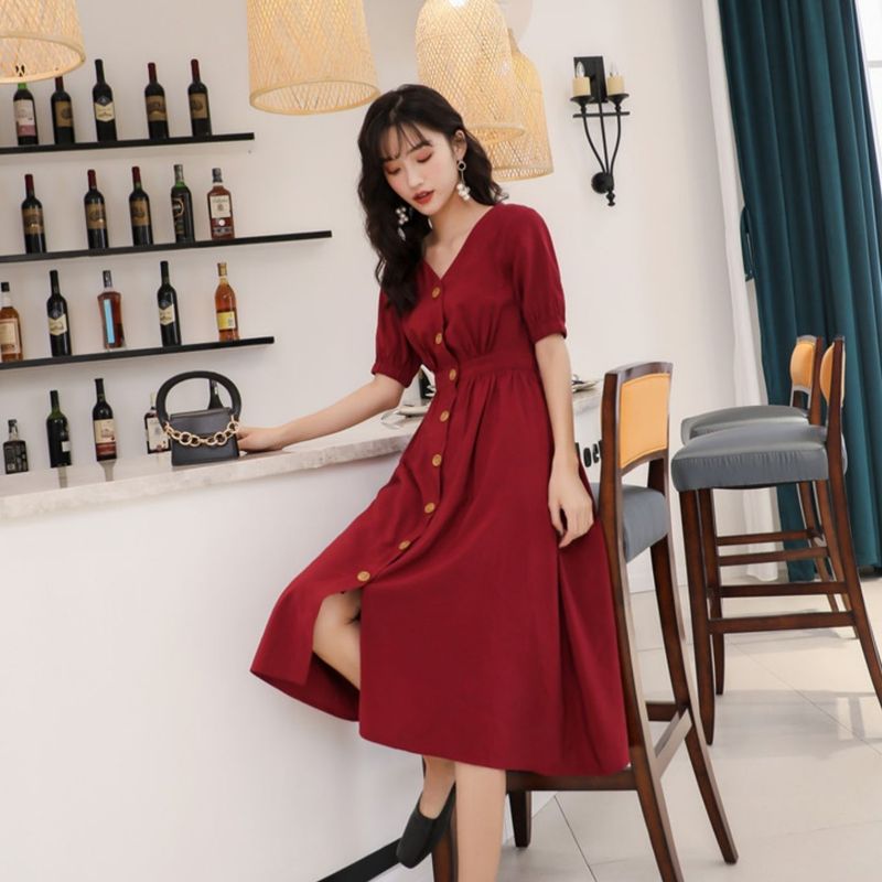 ワンピース ゴールドボタン 半袖 Vネック スリム タイト トレート サイドスリット 大人 上品 おしゃれ かっこいい ボタン 大人 可愛い 個性的 クール モード系 セクシー 主役級 存在感 送料無料 ウエストマーク フレア ミモレ丈 春 夏