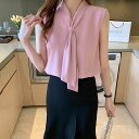 トップス レディース 送料無料 ブラウス シャツ リボン ボウタイ Vネック ノースリーブ ポリエステル 透け感 こなれ感 抜け感 かわいい 涼し 通気性 キュート 上品 エレガント