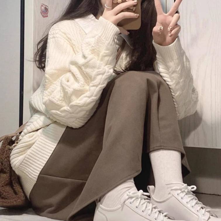 2点セット レディース スカート トップス ニット セーター プルオーバー ミモレ 長袖 ラウンドネック Aライン 伸縮性 かわいい 大人可愛い きれいめ シン...