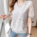 レディース トップス プルオーバー Tシャツ 半袖 Vネック 襟なし ノーカラー レース 刺繍 伸縮性 かわいい 大人可愛い きれいめ シンプル カジュアル 上品 おしゃれ かっこいい レトロ こなれ感 ラフ ルーズ 個性的 クール モード系 エレガント モダン(4)