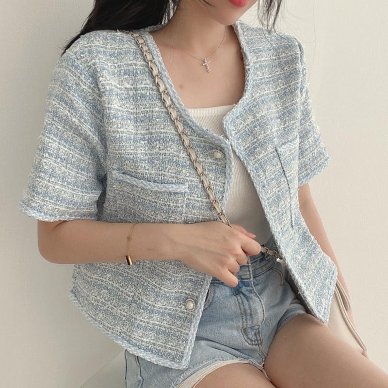 アウター レディース 送料無料 3色 ジャケット 半袖 ノーカラー フリンジ 縁取り ボーダー 格子柄 ツイード パールボタン トラッド ポケット付き オーバーサイズ 襟なし インスタ トレンド 羽織 コート JK フェミニン モノトーン かわいい きれいめ