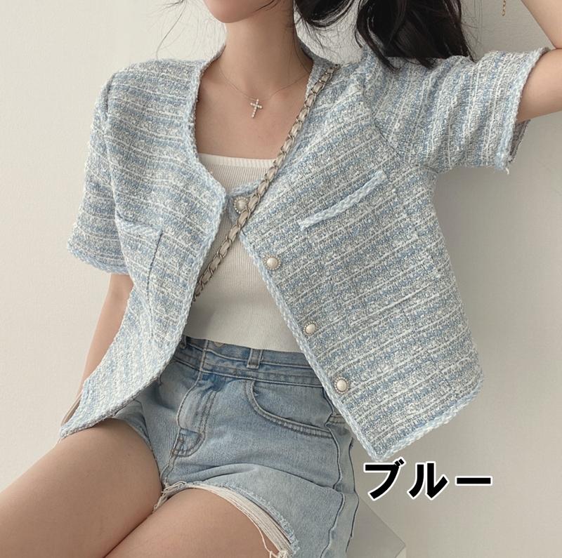 アウター レディース 送料無料 3色 ジャケット 半袖 ノーカラー フリンジ 縁取り ボーダー 格子柄 ツイード パールボタン トラッド ポケット付き オーバーサイズ 襟なし インスタ トレンド 羽織 コート JK フェミニン モノトーン かわいい きれいめ