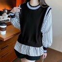 トップス レディース 送料無料 2色 シャツ ブラウス プルオーバー クルーネック 長袖 襟付き ライン ニット ベスト クロップ丈 異素材ミックス ストライプ フェイクレイヤード ラウンドヘム 重ね着 パフスリーブ ゆったり 抜け感 こなれ感 クール