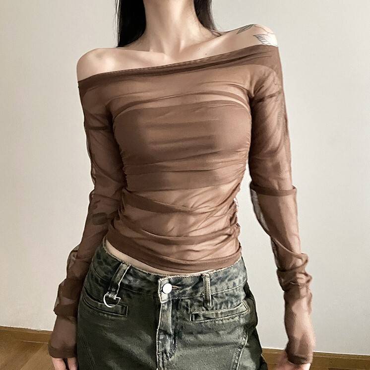 メッシュ シアートップス レディース トップス カットソー タイト スリム 細身 スマート 肩出し チューブトップ付き ミディアム丈 長袖 萌袖 オフショルダー 襟なし 鎖骨見せ 透け感 シースルー サイドギャザー 異素材ミックス 伸縮性 シンプル