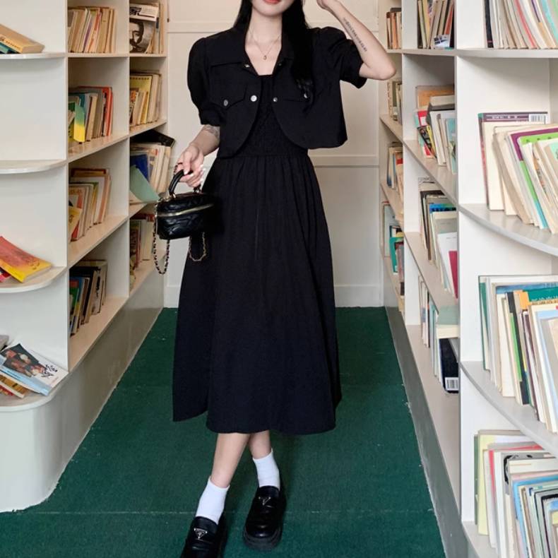 サスペンダードレス 2点セット レディース スカート ジャケット ワンピース アウター 上着 羽織 ロングスカート ミモレ 半袖 襟付き ポケット ボタン かわ...