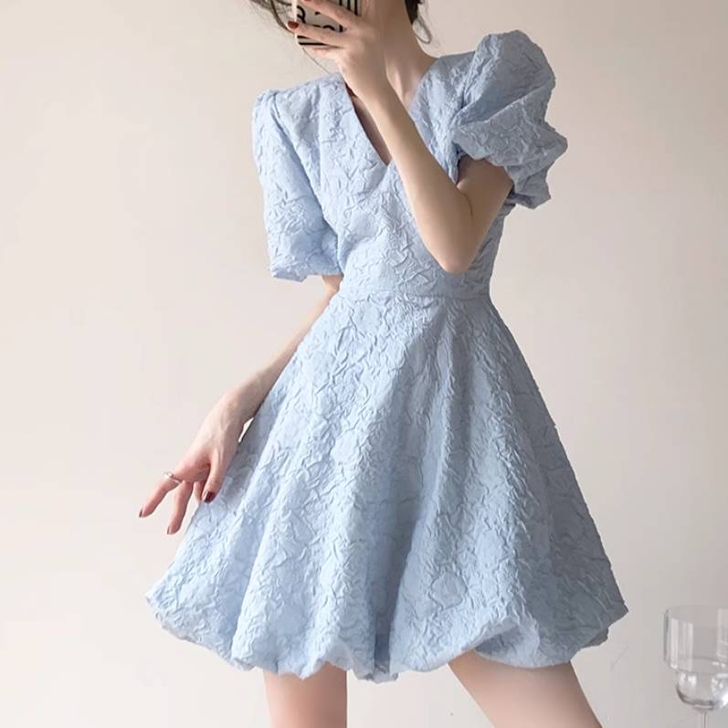 レディース スカート ワンピース ドレス チュチュスカート ミニスカート ミニ ショート 半袖 パフスリーブ Vネック Aライン フェミニン ハイウエスト かわいい 大人可愛い きれいめ シンプル カジュアル 上品 おしゃれ かっこいい レトロ こなれ感 ラフ