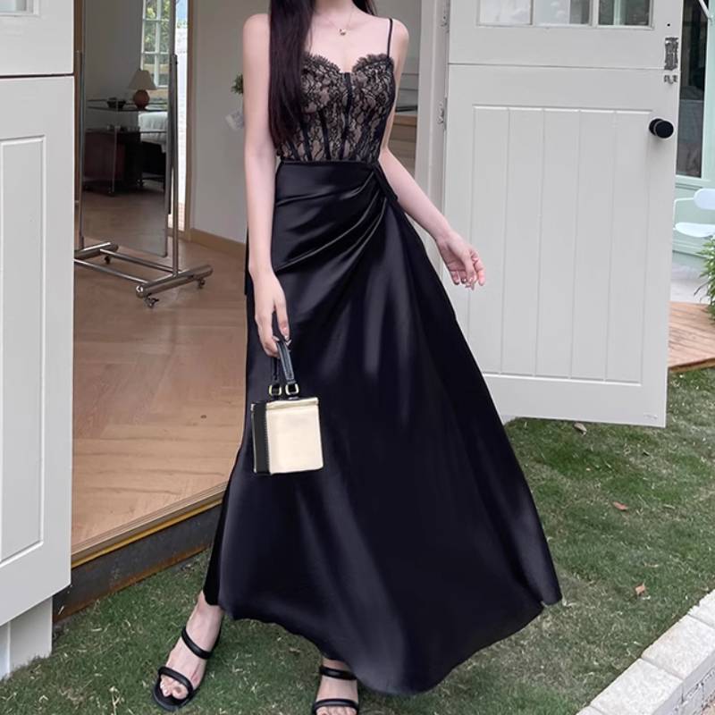 ドレス ワンピース フレンチバックレスドレス パーティー 演奏会 発表会 ステージ 舞台 ダンス 衣装 ラウンジ クラブ ロング 袖なし ノースリーブ 襟なし 細身 レース 切り替えデザイン ハイウエスト 薄手 可愛い きれいめ シンプル カジュアル