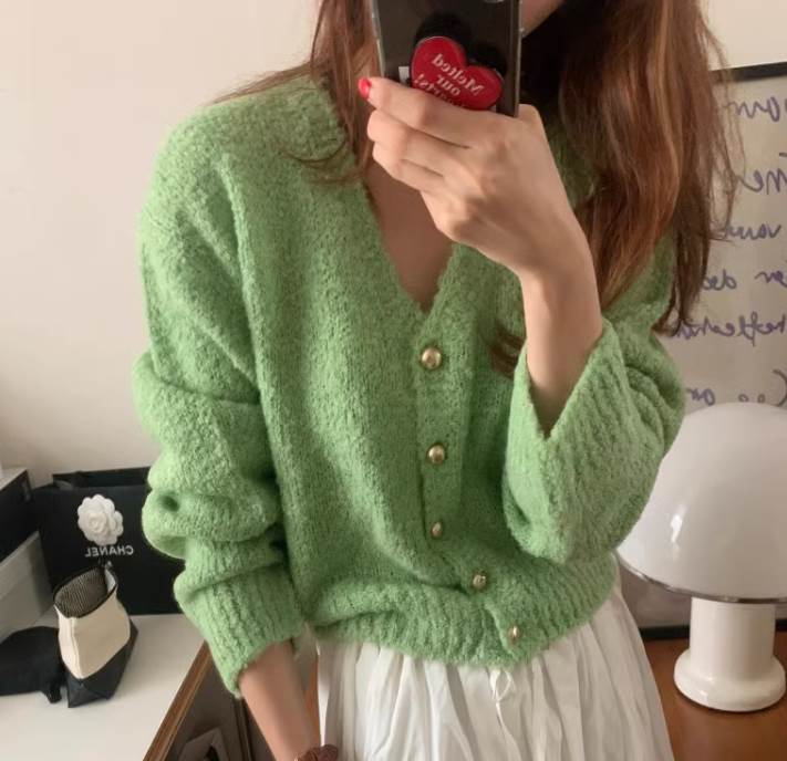 【FunnyBunny】 レディース トップス ジャケット ニット カーディガン アウター ラフ ふっくら ボタン 前開き スマート スリム かわいい 上着 ルーズ ガーリー もこもこ ロマンティック Vネック 長袖 襟なし ふわふわ 大人可愛い ナチュラル 羽織(4)