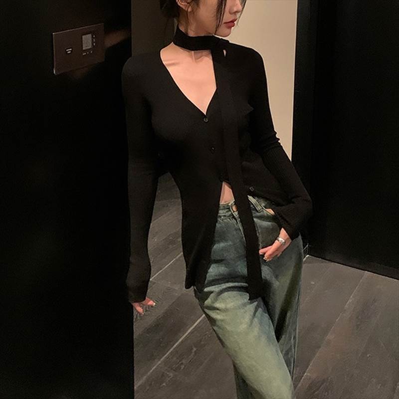 【FunnyBunny】 Vネックスリムカーディガン チョーカー付きロングカーディガン レディース トップス カ..