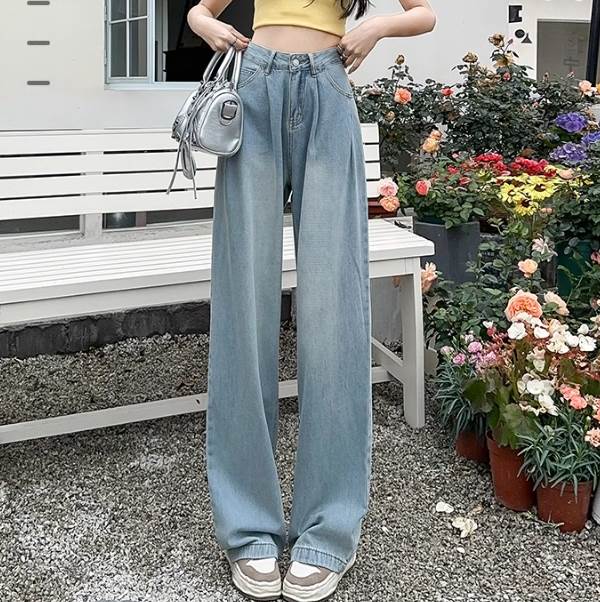 Straight Jeans - 【FunnyBunny】 レディース パンツ ジーンズ ストレートパンツ デニムパンツ 丈長 レトロ シンプル カジュアル ストレート デニム ウォッシュ おしゃれ フルレングス ルーズ ラフ 大人可愛い ポケット ファスナー ボタン きれいめ かっこいい ワイド