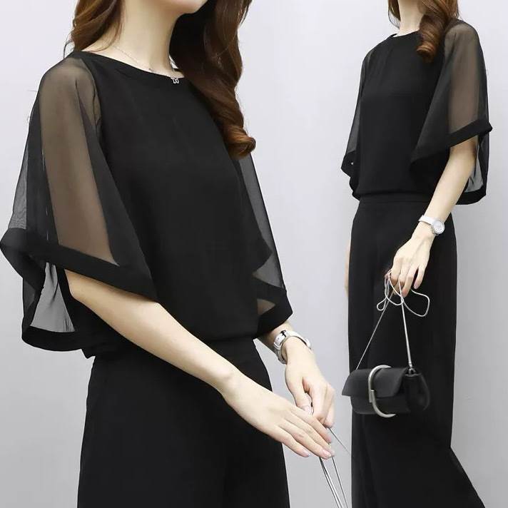 【FunnyBunny】 レディース トップス シャツ ブラウス 半袖 ドルマンスリーブ クール シンプル 上品 フォーマル コンサバ シースルー おしゃれ ラウンドネック エレガント モード系 薄手 シフォン ドレープ 透け感 きれいめ かっこいい セミフレア