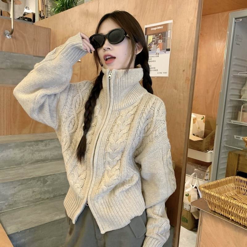 【FunnyBunny】 レディース トップス エレガント 前開き レトロ カジュアル カーディガン 袖あり ジッパー タートルネック モダン ルーズ ラフ シック モード系 クール ニット シンプル かっこいい 長袖 こなれ感 大人 上品(4)