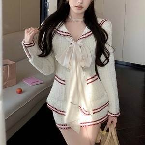 レディース ジャケット セットアップ ミニスカート 長袖 セーラーカラー りぼんタイ タイト スリム 細身 リボン ポケット 前開き バイカラー 配色 ツイード かわいい シンプル カジュアル おしゃれ こなれ感 ガーリー モダン 存在感