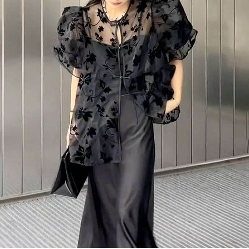 セットアップ シアーブラウス＆キャミソールワンピース レディース ワンピース ブラウス セットアップ ワンピ ロングワンピ ロングワンピース キャミワンピ ロング ノースリーブ 半袖 フリル袖 ワイド ストレート 透け感 シースルー シアー