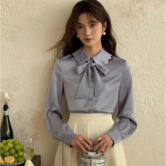 ブラウスレディーストップス長袖ボウ...