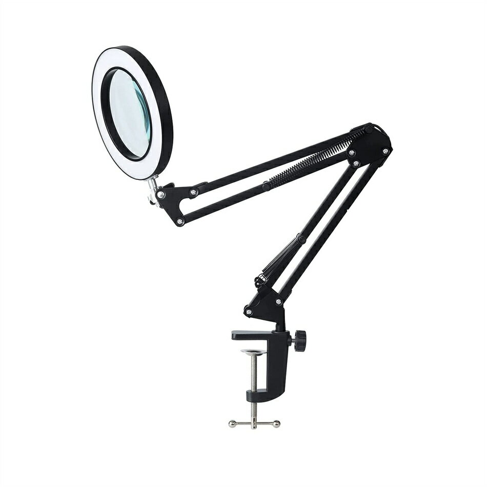 スタンドルーペ 拡大鏡 虫眼鏡 ルーペ デスクルーペ 作業用 LEDライト付き 3色無段階調光 明るさ調整 角度調整可能 折りたたみ式 倍率10倍 クリップ式 USB給電 固定 卓上型 手芸 読書用 高倍率 メガネ 省エネ 明るい 目に優しい