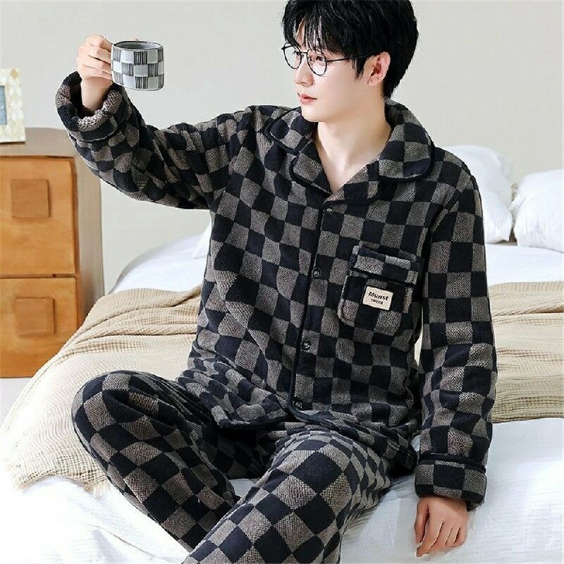 モコモコ パジャマ メンズ 冬用 ルームウェア 前開き チェック ファッション シンプル もこもこ メンズ..