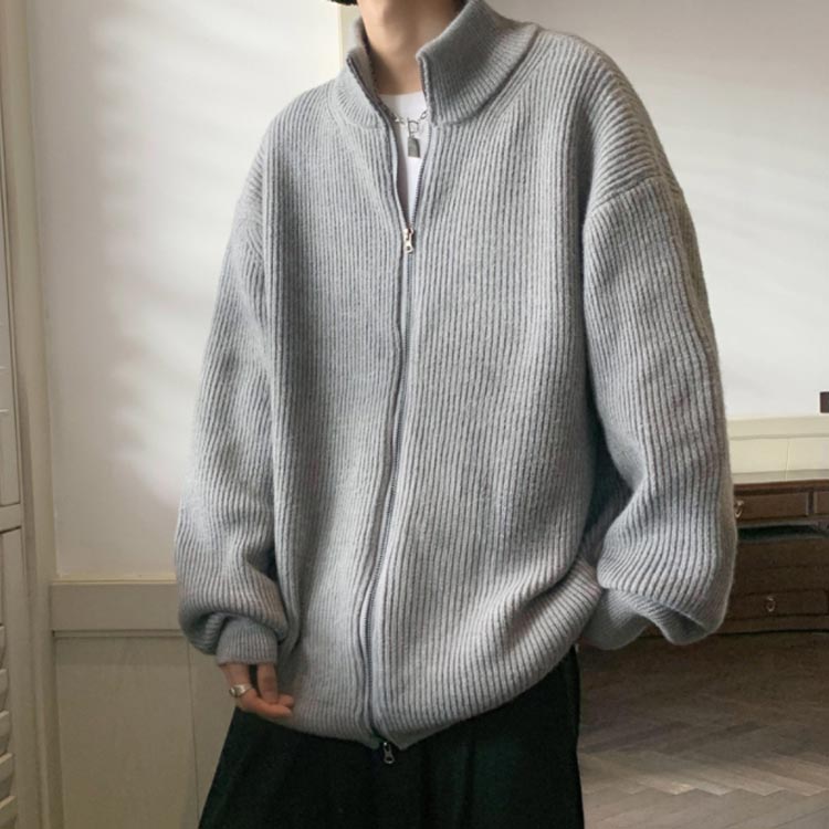 ニットカーデ ジップアップ トップス カジュアル オーバーサイズ ダブルジップ スタンドカラー 羽織り 柔らかい ゆったり 大きいサイズ メンズ トップス ビッグシルエット 無地 カーディガン 男女兼用 ユニセックス ニットカーディガン 春 秋 冬 長袖