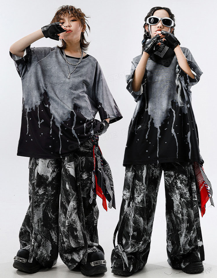Dance Wear - キッズダンス衣装 黒 タイダイ染 セットアップ ヒップホップ 韓国 子供服 tシャツ 半袖 ワイドパンツ ゆったり 黒パンツ ダンス 衣装 キッズ 上下セット 男の子 女の子 カッコイイ ダン