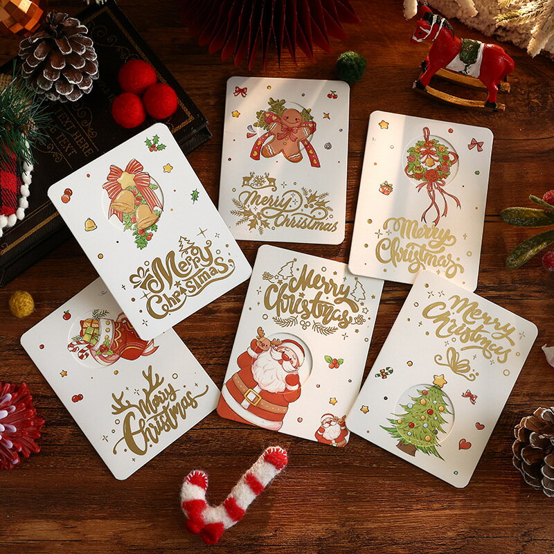 クリスマスカード 6枚セット 金箔風デザイン メッセージカード ギフトタグ 穴あき かわいい サンタ ツリー プレゼント用
