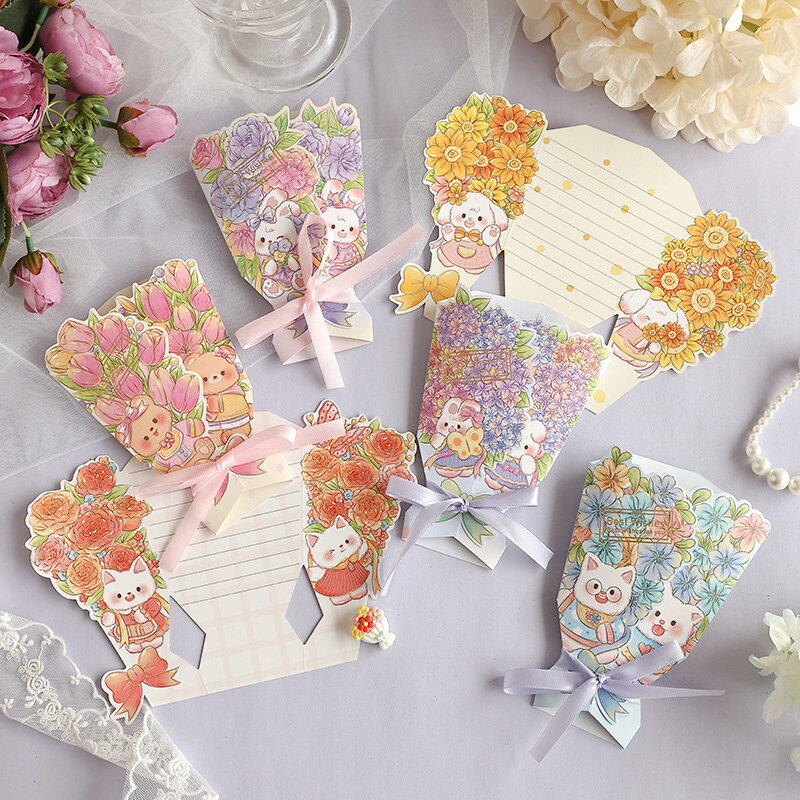 フラワーブーケ ミニカード 6枚セット リボン付き 花柄 イラスト メッセージカード 誕生日 クリスマス かわいい猫 うさぎ 送料無料