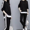 全3色 セットアップ 上下セット スポーティー レディース 重ね着風 長袖 長パンツ 大きいサイズ ジャージ フィットネスウェア 部屋着 ルームウェア 2点セッ...