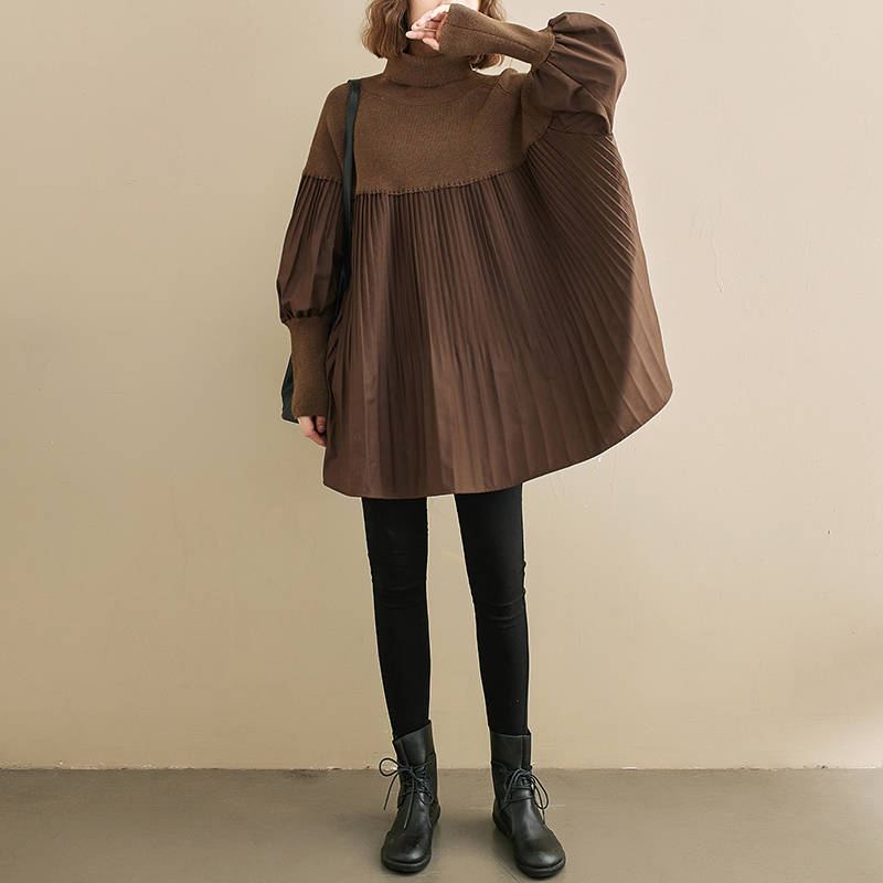 ニットチュニック バルーンスリーブ 切り替え プリーツ ゆったり Aライン ハイネック レディース トップス