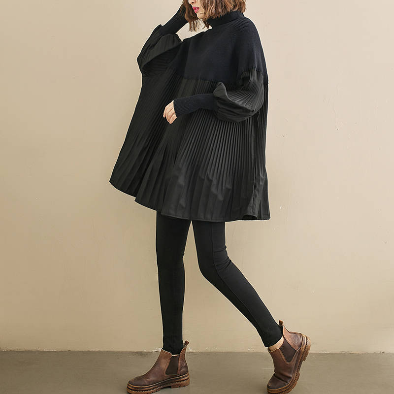 ニットチュニック バルーンスリーブ 切り替え プリーツ ゆったり Aライン ハイネック レディース トップス