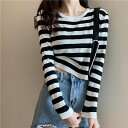 ボーダーtシャツ レディース tシャツ 長袖 ボーダー柄tシャツ ラウンドネックtシャツ ショート丈 トップス カットソー クルーネック 春服 春物 秋服 秋物