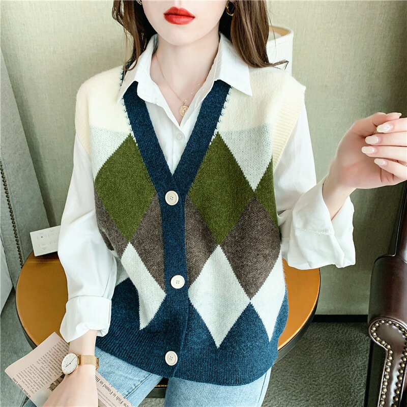 菱形柄ニットベスト ニットベスト レディース ノースリーブニット カーディガン 前開きニット ニット ベスト Vネック ゆったり レイヤード カジュアル 春服 秋服