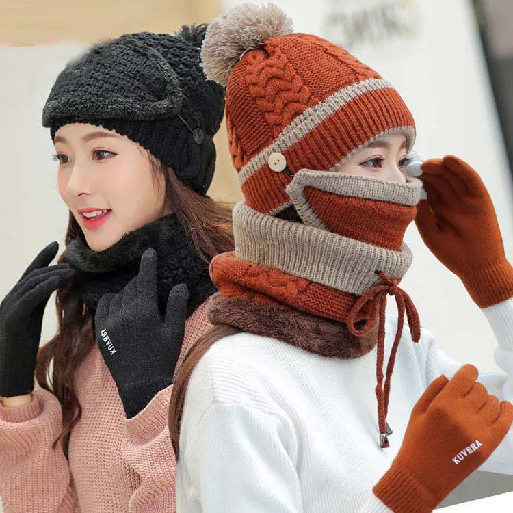 ニット帽 毛糸帽子 ポンポン付き ケーブル編み マフラー マスク 裏起毛 秋冬 帽子 マスク 耳あて防寒 フェイスマスク 防寒帽子 暖かい アウトドア バイク 自転車 スキーなどに最適 もこもこ 誕生日 クリスマス 贈り物 送料無料