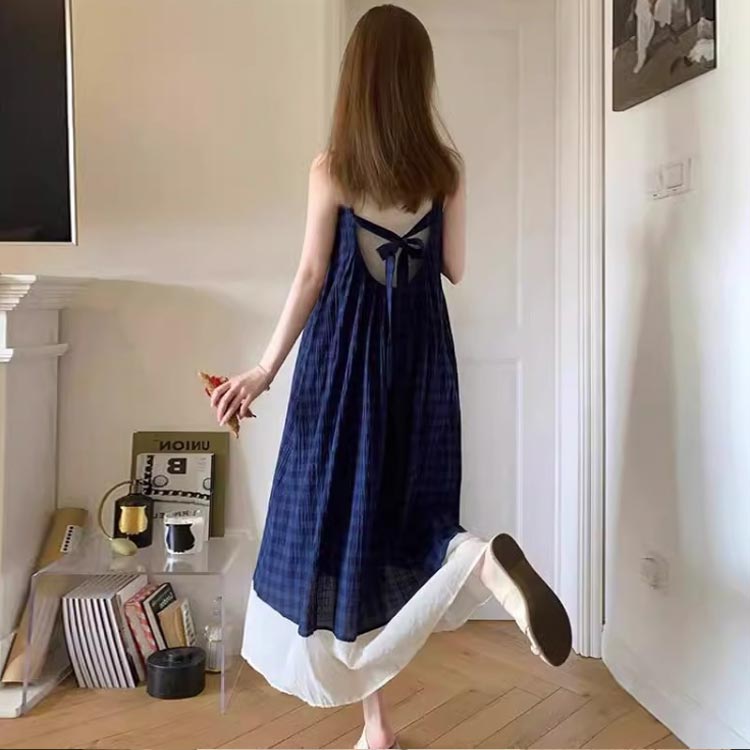 チェック柄 サロペットワンピース レディース ワンピース ノースリーブ キャミソールワンピース ラウンドネック 切り替え レイヤード ロングワンピース 重ね着 ジャンパースカート 春夏 おしゃれ カジュアル かわいい S M L XL