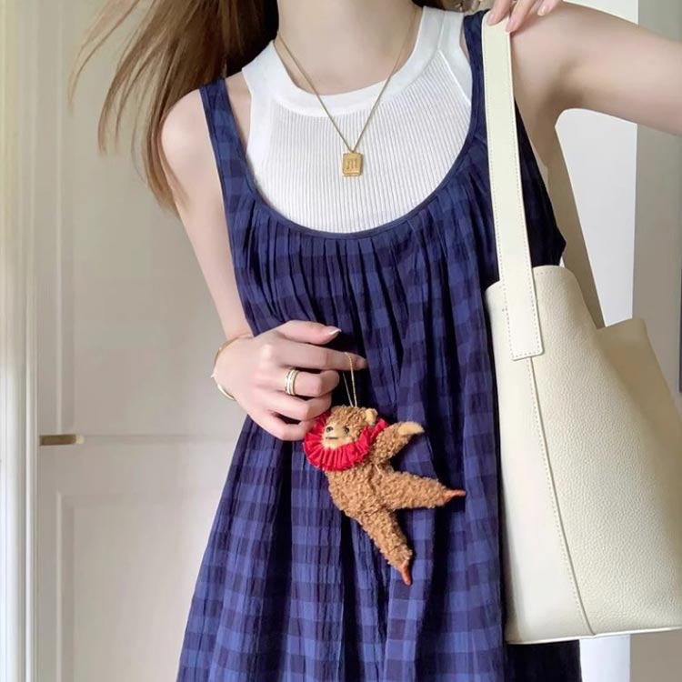 チェック柄 サロペットワンピース レディース ワンピース ノースリーブ キャミソールワンピース ラウンドネック 切り替え レイヤード ロングワンピース 重ね着 ジャンパースカート 春夏 おしゃれ カジュアル かわいい S M L XL