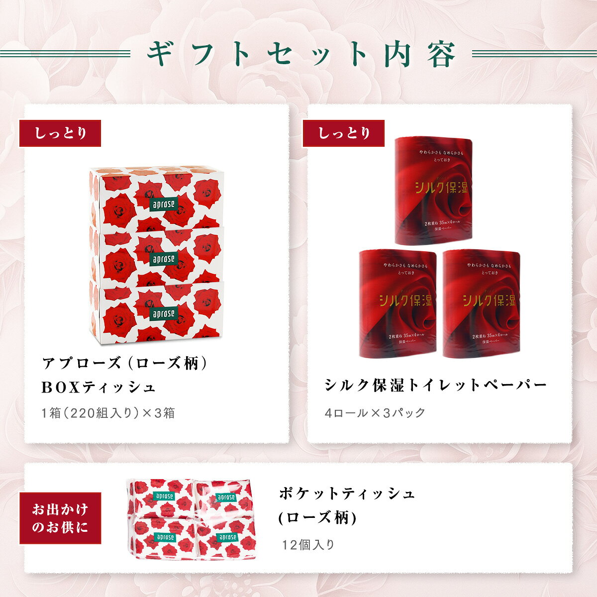 ＼ギフト／河野製紙 ローズガーデン［3箱＋12ロール＋12個］【のし対応】【ギフト用段ボール】【ボックス 箱 ティッシュペーパー トイレットペーパー ギフト お歳暮 プレゼント お祝い 日用品 まとめ買い 箱買い 保湿 高級 国産 ソフト やわらか しっとり】 funwari-10000183 河野製紙直営ショップ ふんわり サンプル画像2