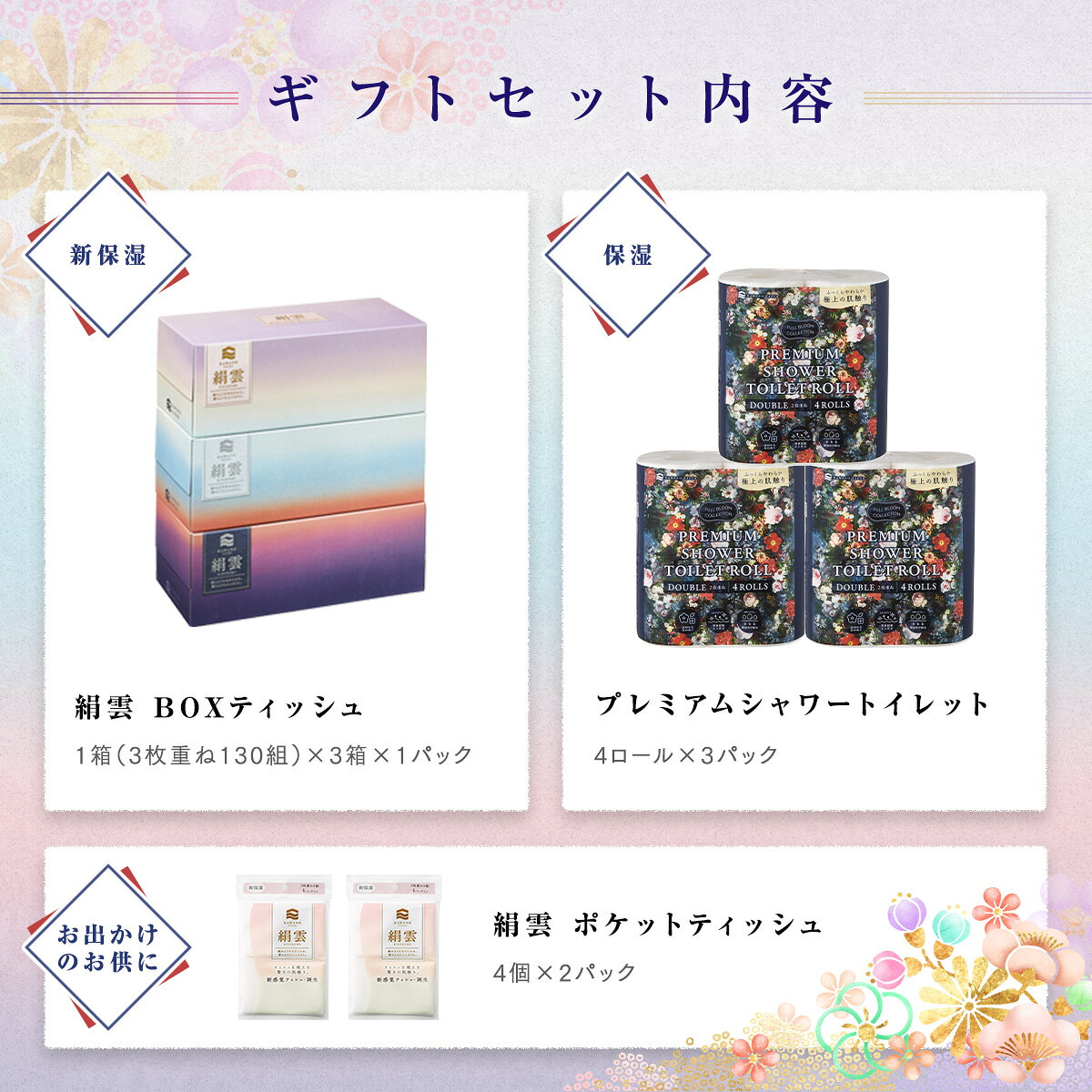 ＼ギフト／河野製紙 極上のひととき～サタプラ1位商品詰め合わせ～【のし対応】【ギフト用段ボール】【ボックス 箱 ティッシュペーパー トイレットペーパー ギフト お歳暮 プレゼント お祝い 日用品 まとめ買い 箱買い 保湿 高級 国産 ソフト やわらか しっとり】 funwari-10000224 河野製紙直営ショップ ふんわり サンプル画像2