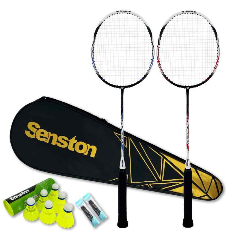 Senston バドミントンセット、2ピースカーボンアロイバドミントンラケット、シャトルバドミントン 6 個