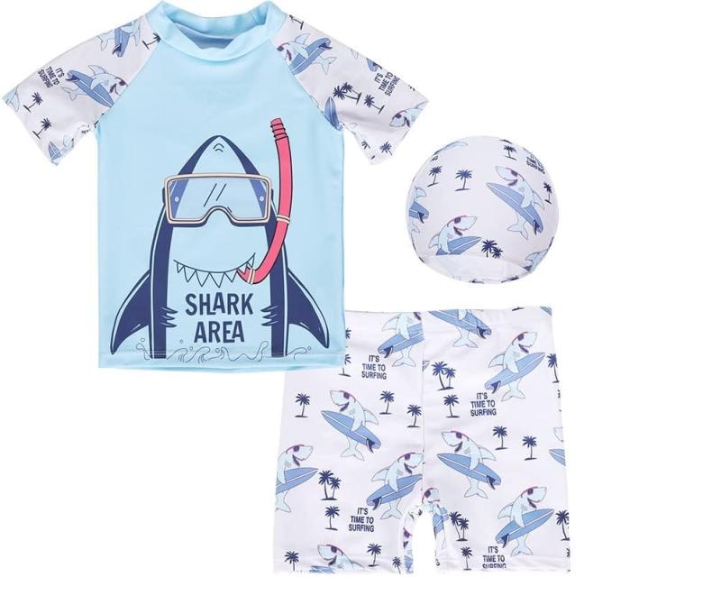[Youngfull] IG 人気 サメ 子供 水着 男の子 半袖 ラッシュガード サーフパンツ 水泳キャップ キッズ 水着 上下セット スイムウェア UVカット セパレート ラッシュガード 海パン インナー付き(4)