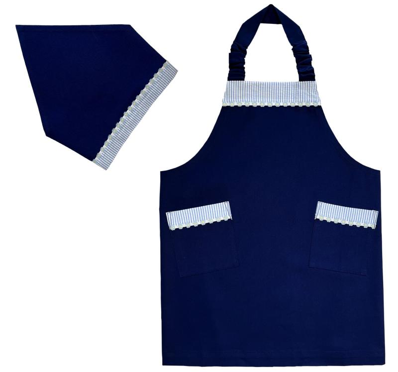 Newブルーストライプ花 子供用エプロン・三角巾セット