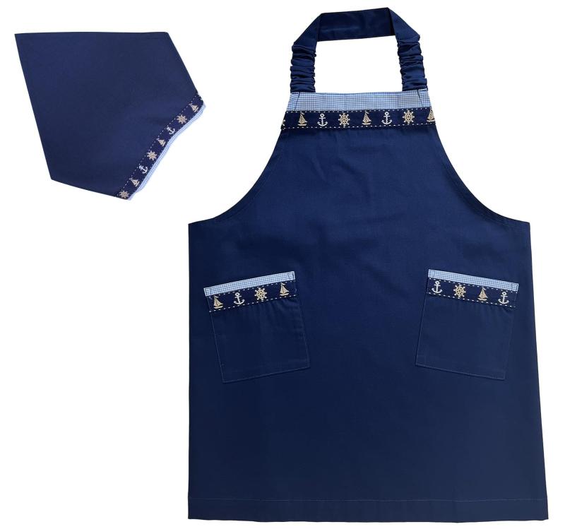 [スマイリッシュ] ネイビーマリン （シワになりにくいお手入れらくらく素材）子供用エプロン・三角巾セット